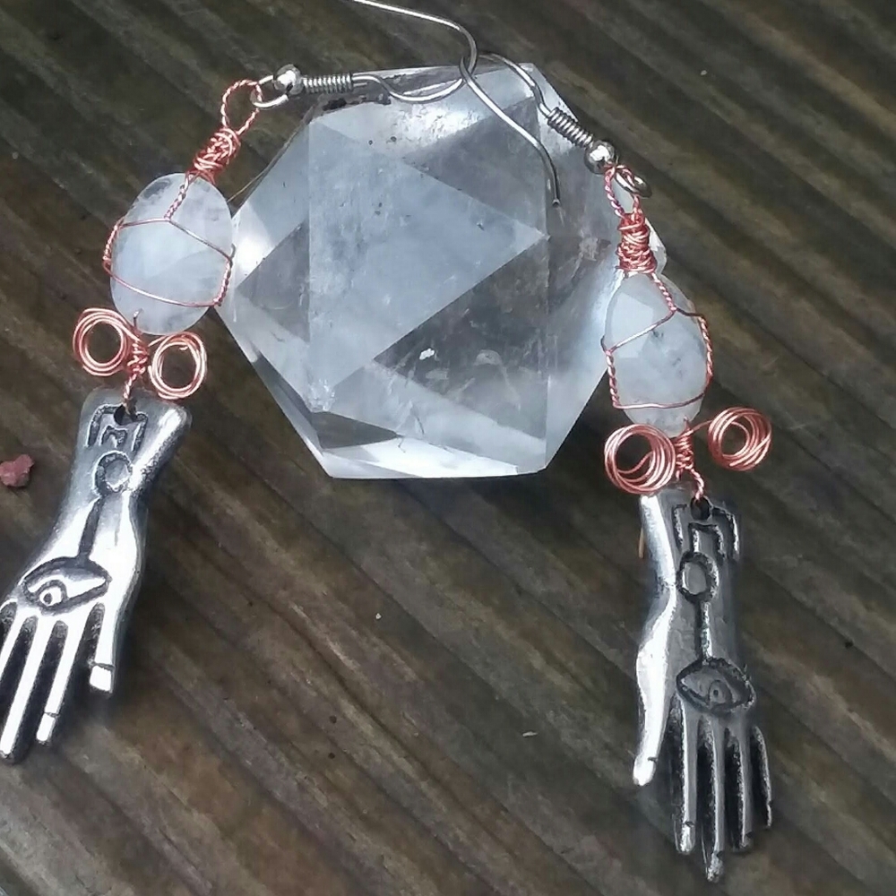 Moonstone hand of Fatima wire wrapped earrings